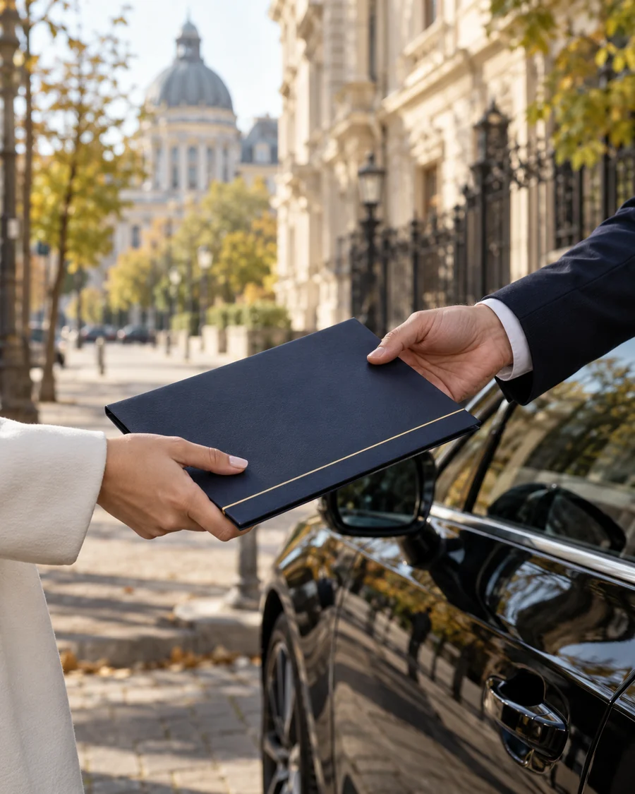 Predarea unui dosar de documente lângă un autoturism — imagine ilustrativă EMCO