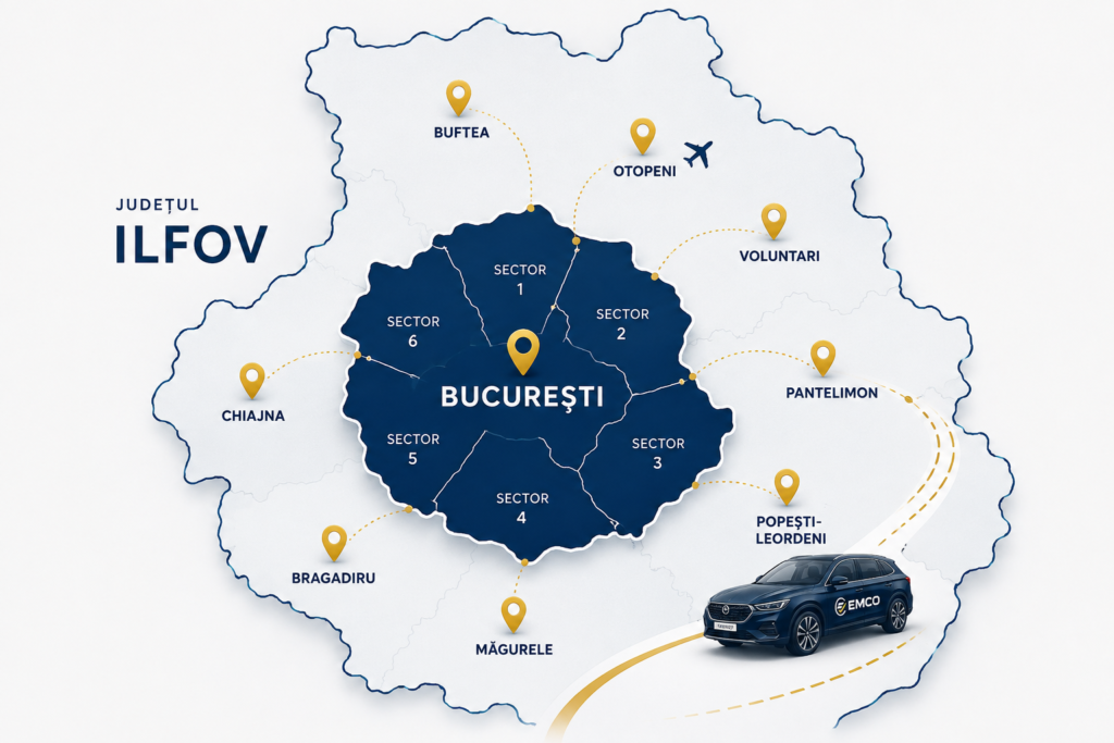 Hartă a zonelor deservite pentru înmatriculări auto în București și Ilfov